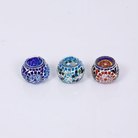 Blue Turquoise Multicolor Mosaic Candle Holder - Set of 3