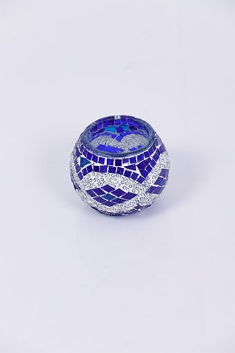 Blue and White Large Quad Mosaic Decorative Glass Candle Holder - Luxury Turkish Handmade Moroccan Mid Century Candle Holder - KAFTHAN
