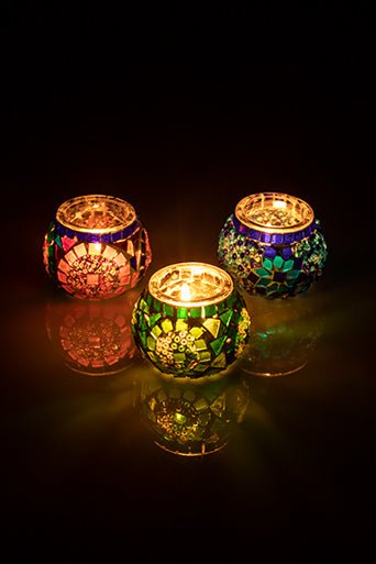 Blue Green Multicolor Mosaic Decorative Glass Candleholder Set of 3 - Luxury Turkish Handmade Moroccan Mid Century Candle Holder - KAFTHAN