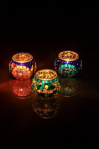 Blue Turquoise Multicolor Mosaic Candleholder Set of 3 - Luxury Turkish Handmade Moroccan Mid Century Candle Holder - KAFTHAN