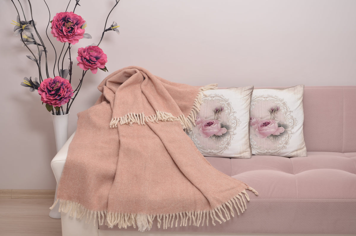 Brushed Herringbone Pink Wool Throw Turkish Beach Picnic Blanket 50"x70" - Boho Throw Blanket - Picnic Blanket - Woven Blanket - KAFTHAN