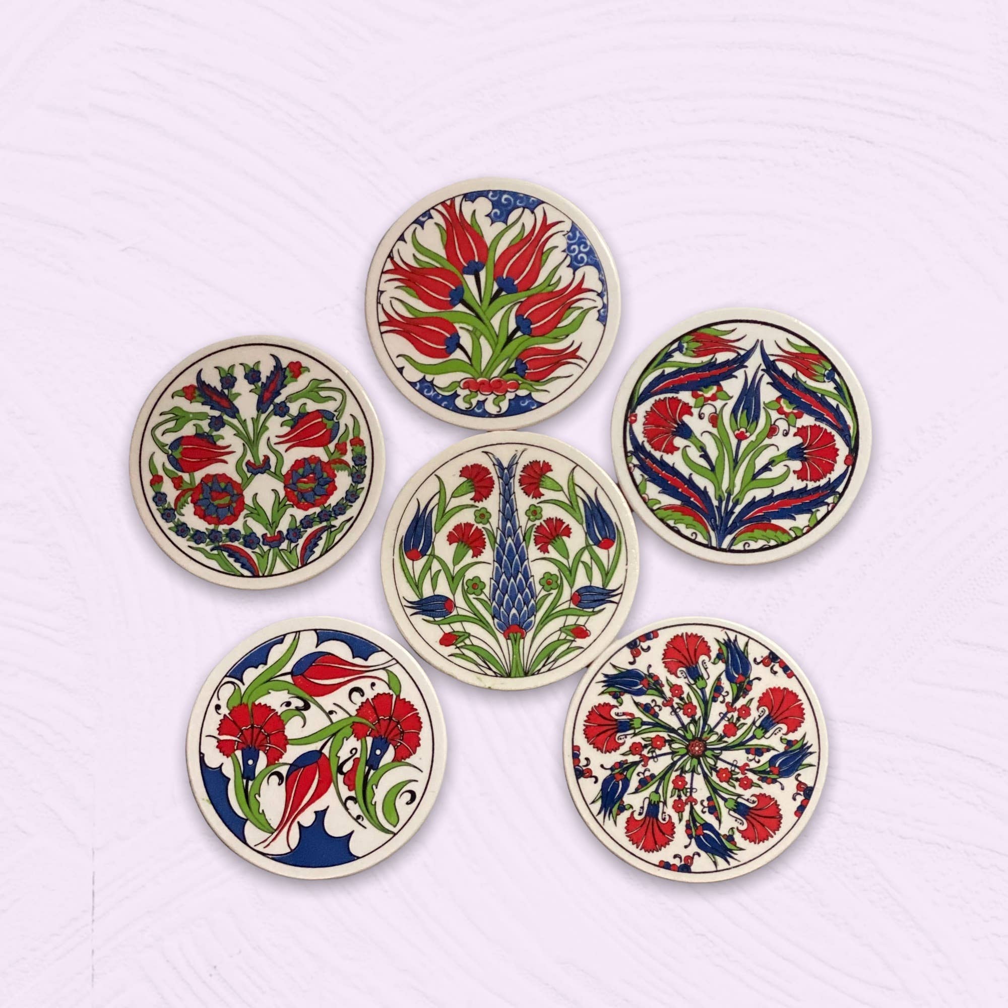 Ceramic Art Floral Mixed Turkish Designs Detailed Tulip Round Coaster Set - Kitchenware Modern Art Coasters - KAFTHAN