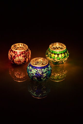 Ecru Green Blue Mosaic Glass Candleholder Set of 3 - Luxury Turkish Handmade Moroccan Mid Century Candle Holder - KAFTHAN