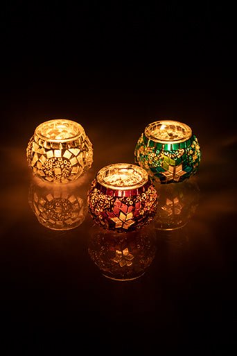 Ecru White Turquoise Mosaic Glass Candle holder Set of 3 - Luxury Turkish Handmade Moroccan Mid Century Candle Holder - KAFTHAN