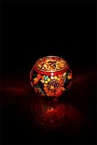 Multicolor Large Circle Mosaic Decorative Glass Candle Holder - Luxury Turkish Handmade Moroccan Mid Century Candle Holder - KAFTHAN