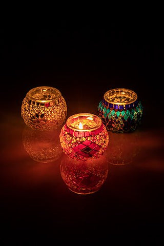 Orange Blue White Mosaic Decorative Glass Candleholder Set of 3 - Luxury Turkish Handmade Moroccan Mid Century Candle Holder - KAFTHAN