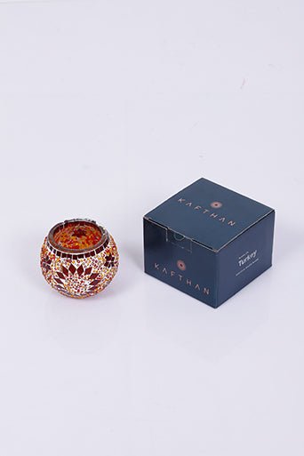 Orange Large Circle Mosaic Glass Candle Holder - Luxury Turkish Handmade Moroccan Mid Century Candle Holder - KAFTHAN