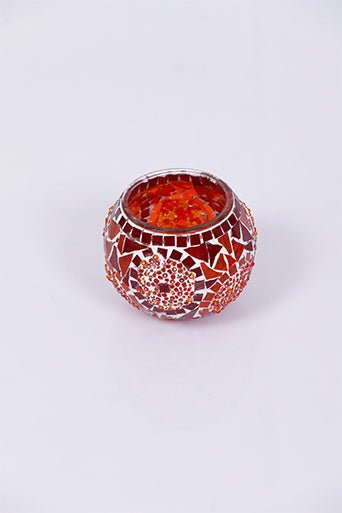 Red Large Circle Mosaic Glass Candle Holder - Luxury Turkish Handmade Moroccan Mid Century Candle Holder - KAFTHAN