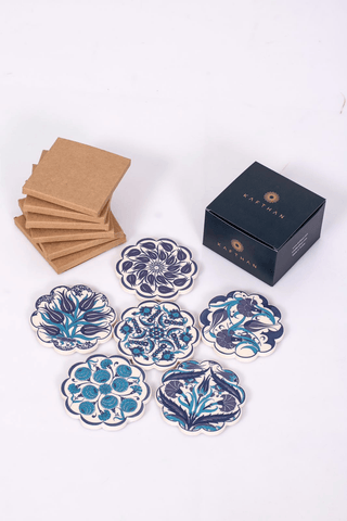 Turkish Floral Mixed Blue Designs Daisy Ceramic Coaster Set - Kitchenware, Home Decor Modern Art Coasters - KAFTHAN