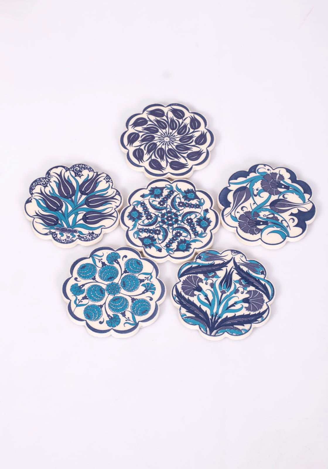 Turkish Floral Mixed Blue Designs Daisy Ceramic Coaster Set - Kitchenware, Home Decor Modern Art Coasters - KAFTHAN