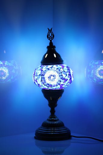 Turkish Mosaic Lamps Blue Center Circle - Decorative Handmade Table Lamp - Unique Custom Moroccan Lamp Shades - KAFTHAN
