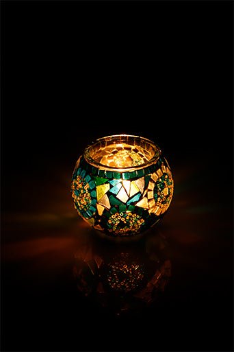 Turquaz and White Large Circle Mosaic Glass Candle Holder - Luxury Turkish Handmade Moroccan Mid Century Candle Holder - KAFTHAN