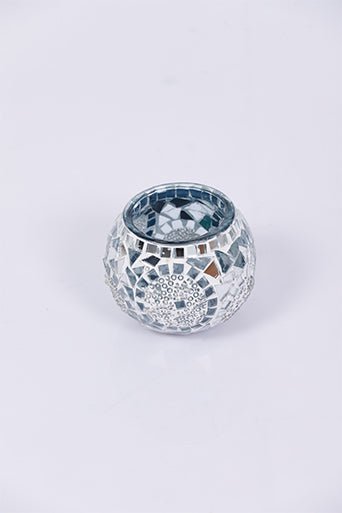 White Large Circle Mosaic Glass Candle Holder - Luxury Turkish Handmade Moroccan Mid Century Candle Holder - KAFTHAN